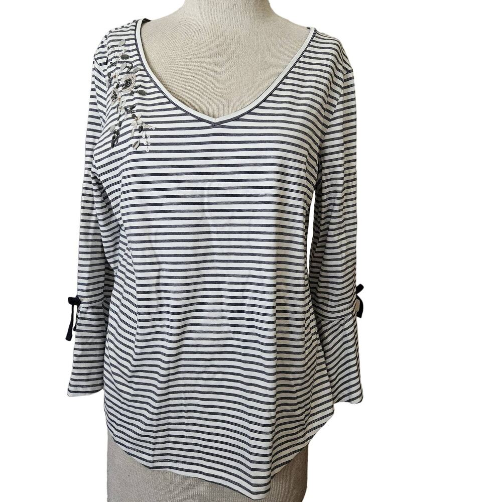 White Navy Striped Rhinestone Embellished Top Size Large